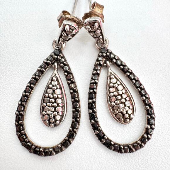 FAS THAI 925 Sterling Silver Earrings Teardrop Faux Marcasite Pebbled Milgrain - Picture 1 of 11